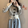 Sweet Cardigan Women Striped Bow Turn-down Collar Knitting Sweater Autumn Preppy Style Fashion Design Girls Outwear Casual Tops