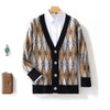 New 100% Wool Knitted Cardigan In Autumn And Winter Men's V-Neck Color Matching Diamond Plaid Sweater Casual Cashmere Coat