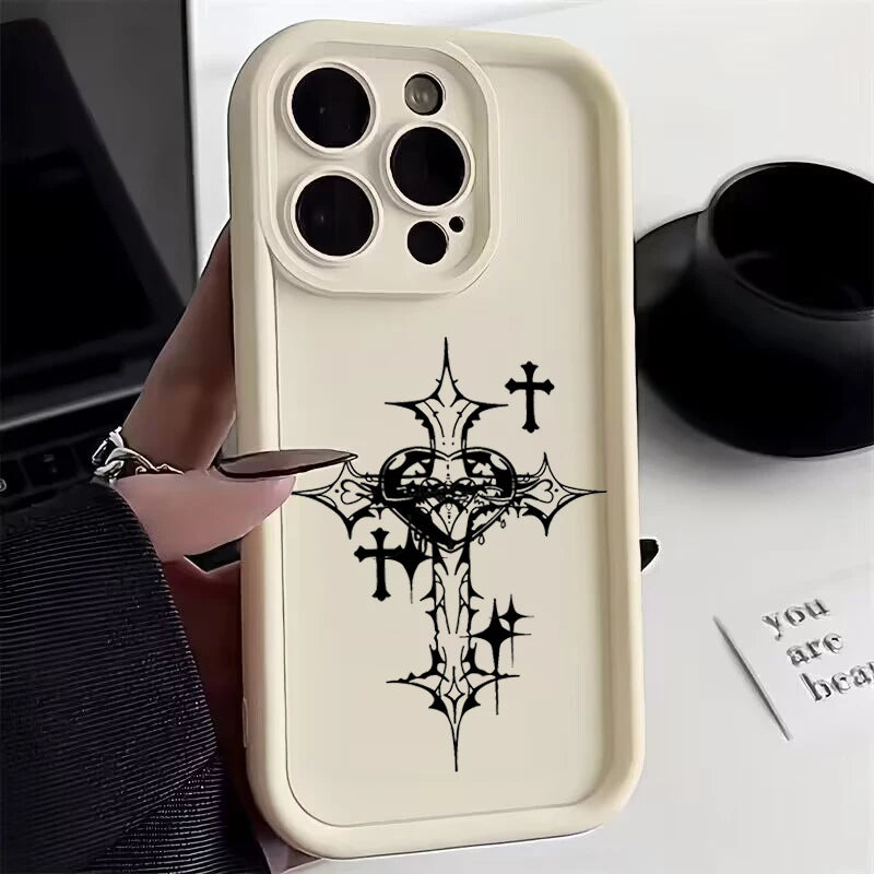 Luxury Black Cross Print Phone Case for iPhone 15 14 13 12 11 Pro Max Mini XR XS MAX 7 8 Plus SE2022 Shockproof Soft Funda Cover