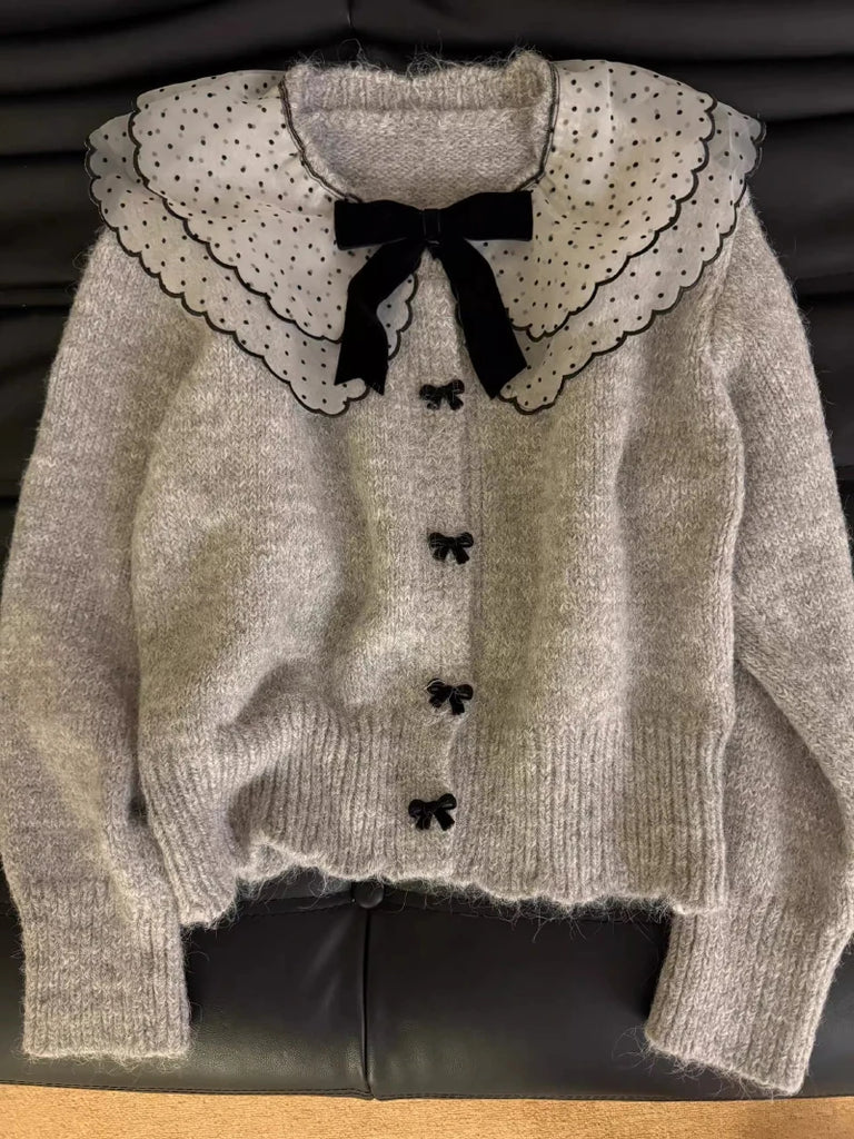 Bomon 2024 Autumn/Winter Knit Top Loose And Lazy Autumn/Winter Soft Waxy Grey Doll Collar Bow Sweater Cardigan Coat For Women