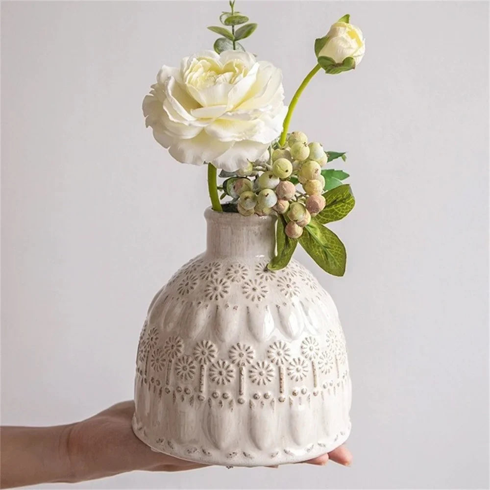 European Vintage Small Ceramic Vase, White Desk Decorative Flower Vase, Creative Flower Print Space Artwork, Home Decoration