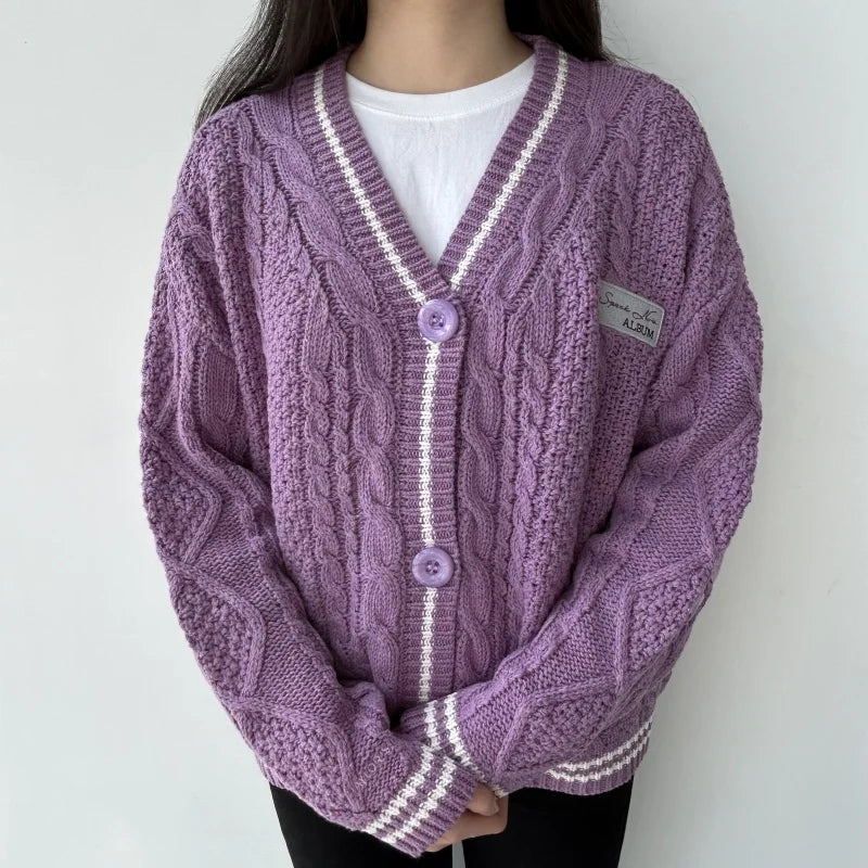 Purple Star Embroidered Sweater Women Winter Thick Warm Y2K Cardigan Autumn V-neck Single Breasted Soft Loose Knitwear Female