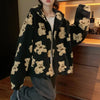 Women Sweet Cute Oversize Flannel Bear Pattern Sweater Korean Fashion Long Sleeve Zip Hoodie Y2k Autumn Tops Cardigan Sweaters