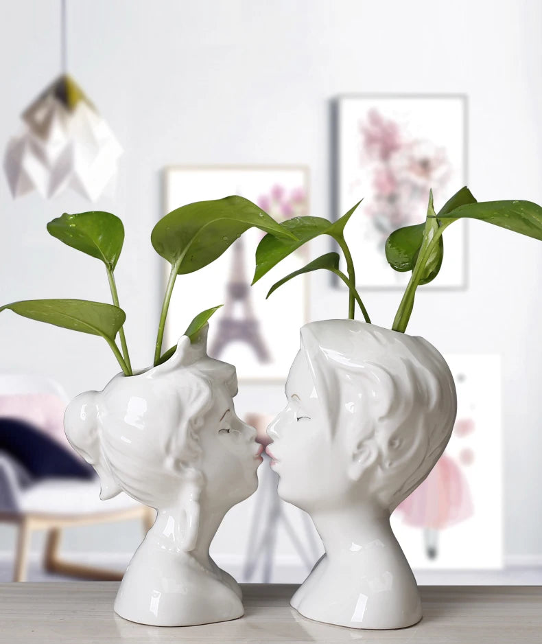 Ceramic Head Face Vase Small Lovers Kiss Statue Flower Pot White Black Modern Planter for Home Table Decoration Floral Art Gifts