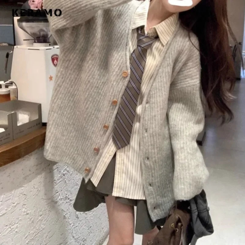 2024 Winter Vintage Casual Single Breasted Fashion Sweater Women Solid Jumpers Long Sleeve Knitting V-neck Loose Cardigans