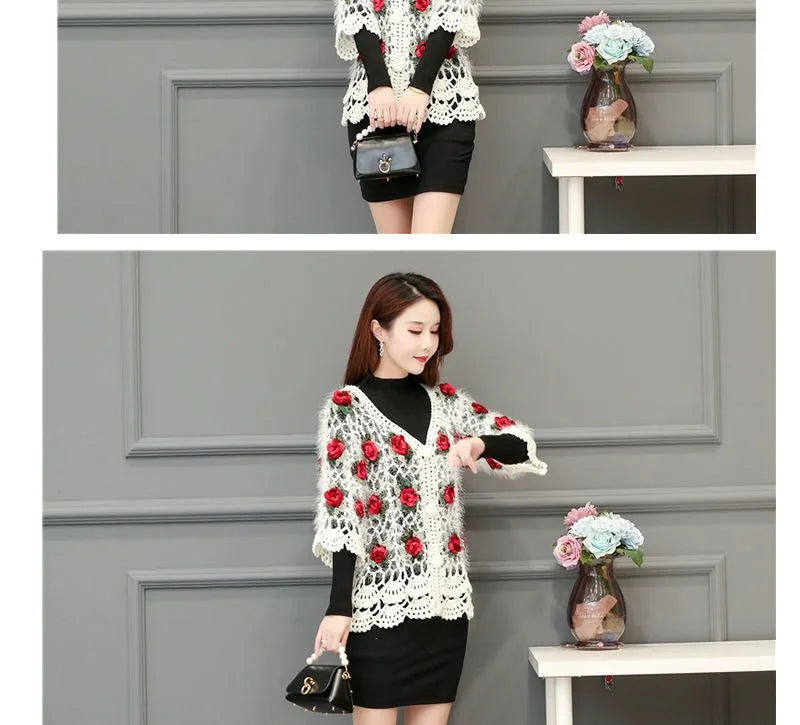 Three-Dimensional Flower Openwork Crocheted Sweater Cardigan Women's Spring And Autumn New Heavy Industry Joker Sweater 3XL Coat