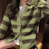 Retro V Neck Green Stripe Cardigans Women Korean Chic Single Breasted Sweater Jackets Woman Streetwear Y2K Long Sleeve Cardigan