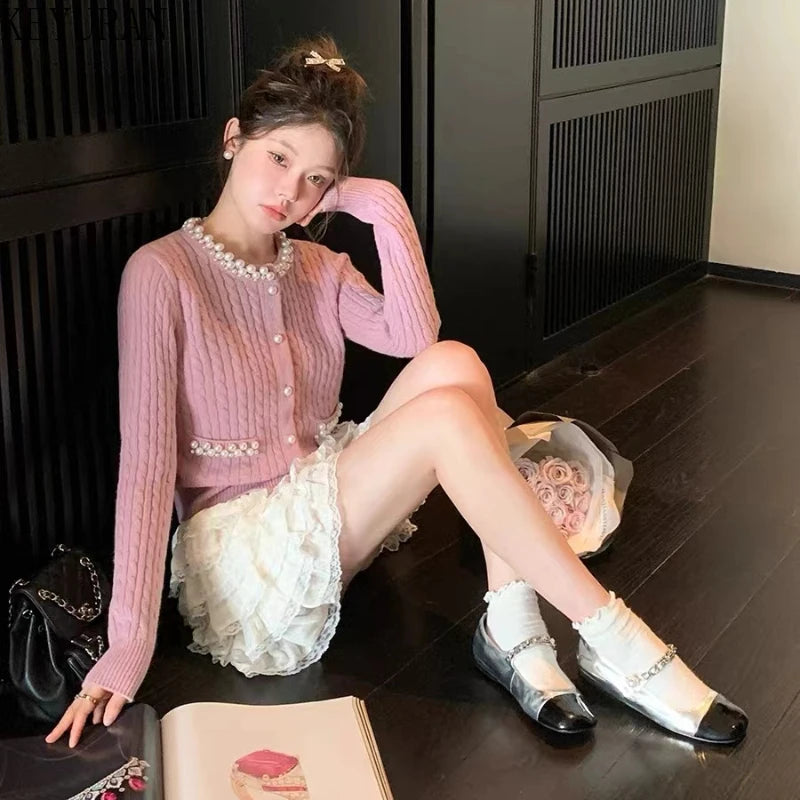 Women Pink Pearl Beading Sweater Coat 2024 Autumn Winter Knitting Cropped Cardigan Solid All-match Elegant Fashion Knitwear Tops