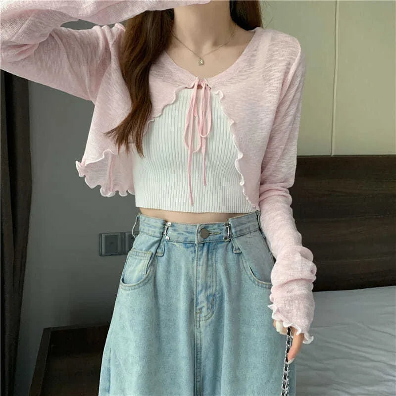 Summer Thin Outerwear Sun Protection Cardigan Ice Silk Knit Women Tops Bow Lace Up Short Suspender Skirt Shawl Airable Shirt