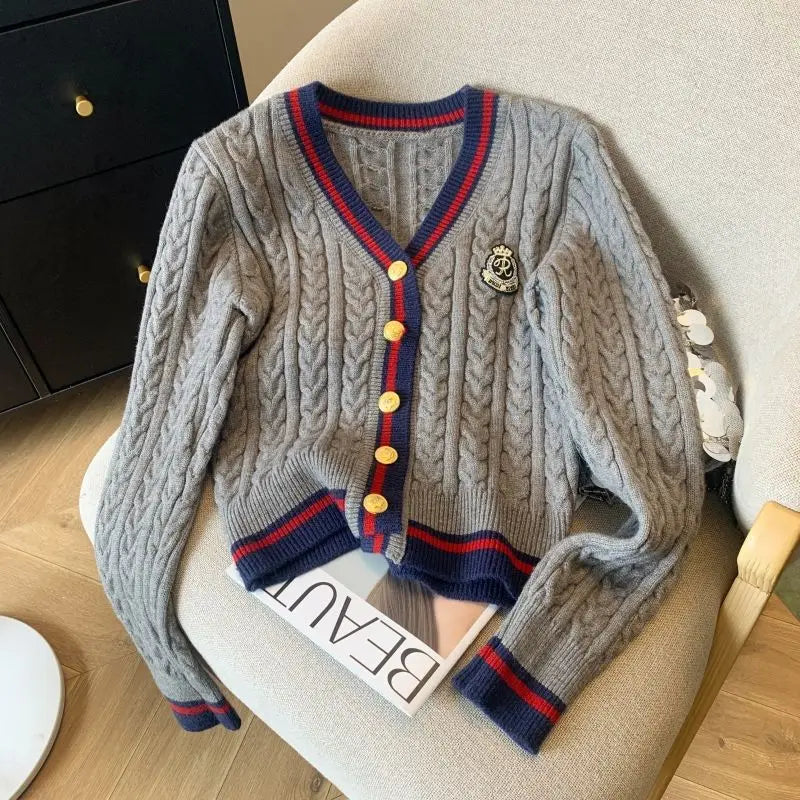 2024 Autumn Winter Preppy Style V-Neck Knitting Long Sleeve Cardigan Women Casual Appliques Single Breasted Female Loose Sweater