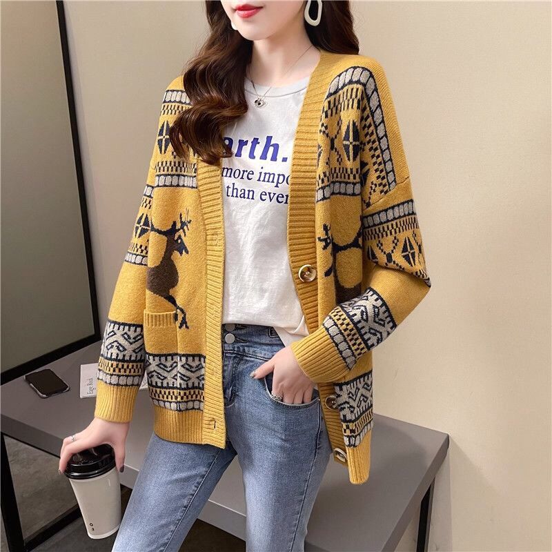 Women's V-neck Long Sleeve Vintage Fold Cartoon Sweater Spring and Autumn New Loose Fashion Pocket Button Knitted Cardigan Coat