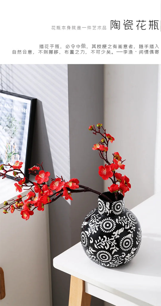 Vintage Printed Ceramic Vase, Plum Blossom, Dried Flower, Water, Decorative, Home Furnishings, Room Decor