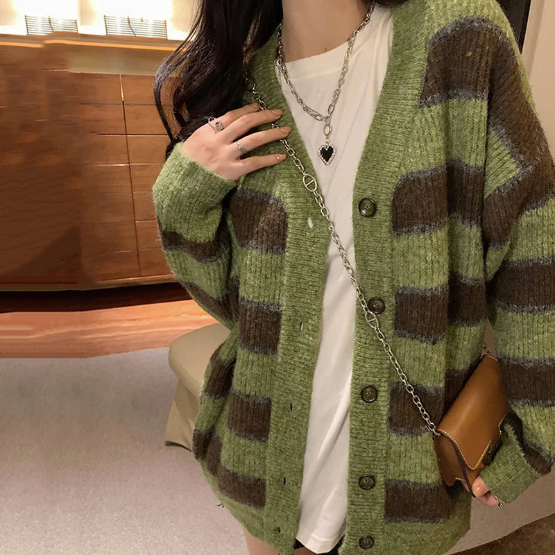 Retro V Neck Green Stripe Cardigans Women Korean Chic Single Breasted Sweater Jackets Woman Streetwear Y2K Long Sleeve Cardigan