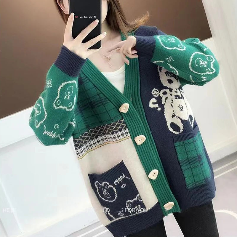 Student Kawaii Pattern Single Breasted Outerwear Knitted Sweater Women Fall Winter Casual Loose Long Sleeve Street Cardigan Coat