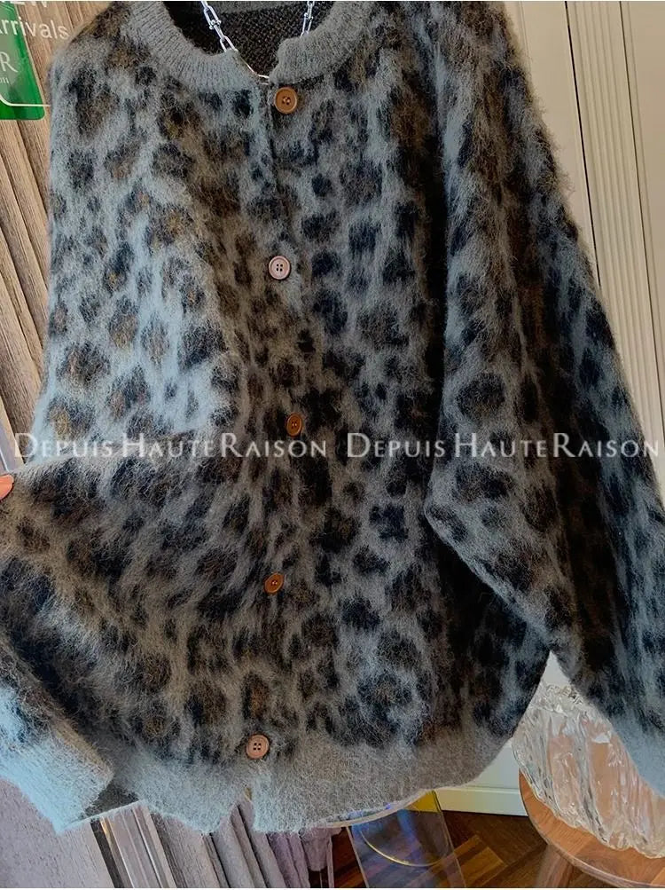 Deeptown Vintage Leopard Knit Cardigan Women Animal Print Harajuku American Retro Loose Sweater Button Long Sleeve Winter Casual