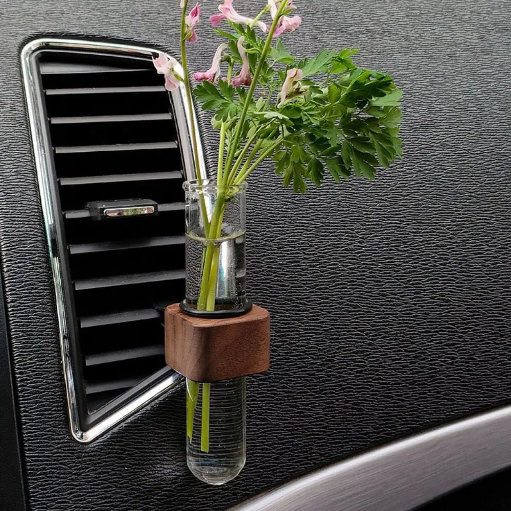 Stable Mini Car Flower Vase Clip Elegant Adjustable Car Vent Flower Vase Walnut and Glass Creative Car Vent Decor Dashboard