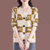 Women's Korean Fashion Geometric Bow Jacquard Button Knitted Cardigan Vintage Elegant Chic V Neck Long Sleeve Loose Sweater Coat