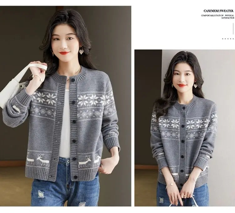 Autumn Winter Vintage Jacquard Loose Knitted Cardigan O-neck Single Breasted Contrast Sweaters Office Lady Fashion Chic Tops