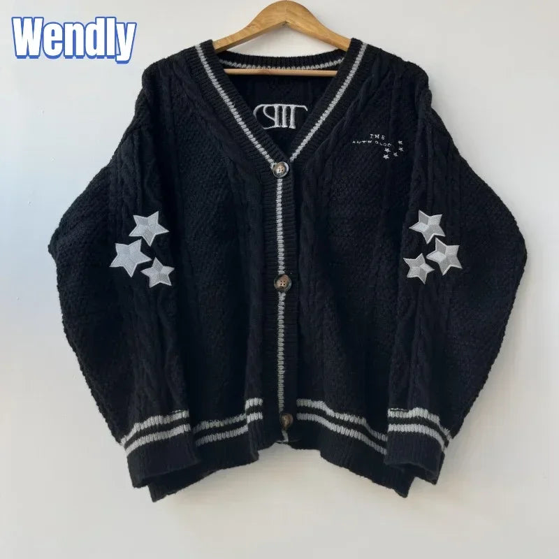 2024 Black Cardigans with Stars Embroidered Female Autumn Winter Knitted Cardigan Women Warm Soft Loose Sweaters Jumpers Tops