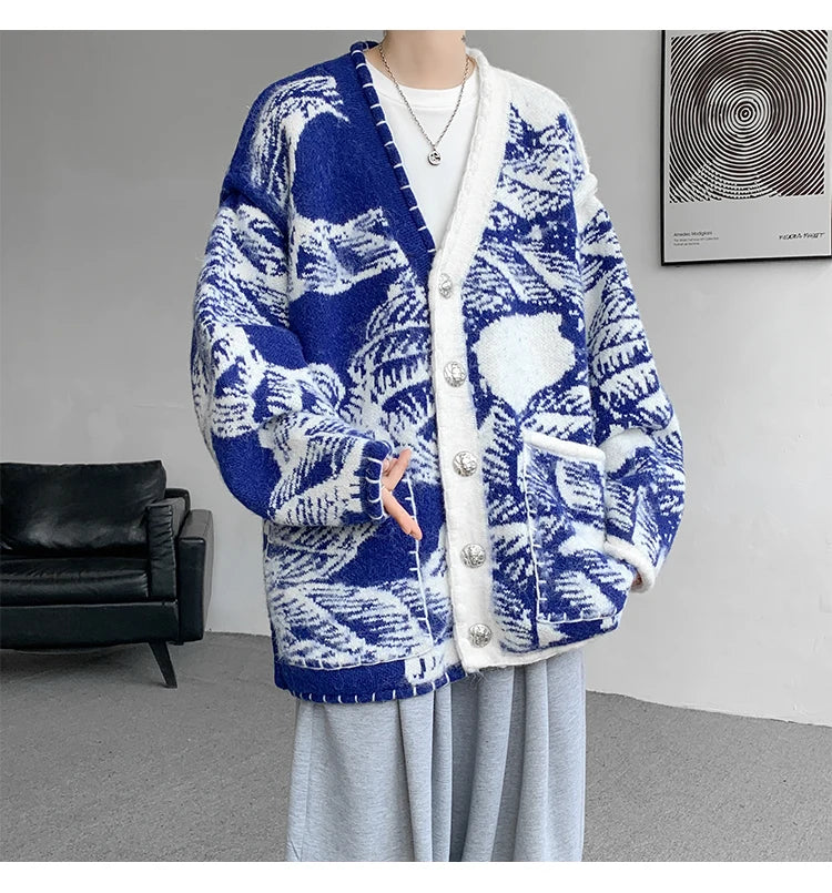 Men Fashion Printed Sweater Coat V Neck Knitted Cardigan Autumn Lazy Chic Elegant Sweater Men High Street Hip Hop Oversized 8XL