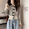 Sweet Cardigan Women Striped Bow Turn-down Collar Knitting Sweater Autumn Preppy Style Fashion Design Girls Outwear Casual Tops