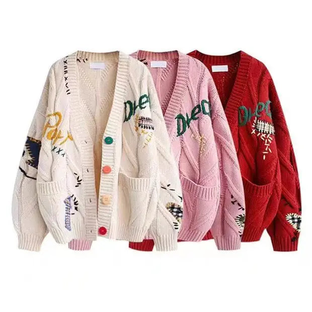 New Embroidery Knitted Cardigan Women's Sweater  Warm Long Sleeve Letter Print Packet Jumpers Autumn Winter Loose Sweaters