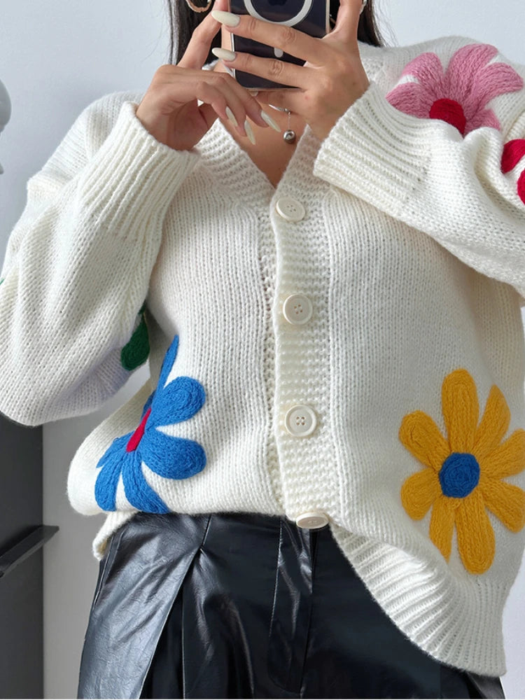 Women Loose-fit Embroidered Flower Cardigan Sweater Thick Casual Open Front Cardigan for Autumn and Winter 2024