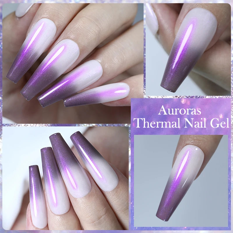 LILYCUTE Color Changing Auroras Thermal Gel Nail Polish Nude Purple Glitter Sparking Long Lasting Manicure Nails Art Gel Varnish