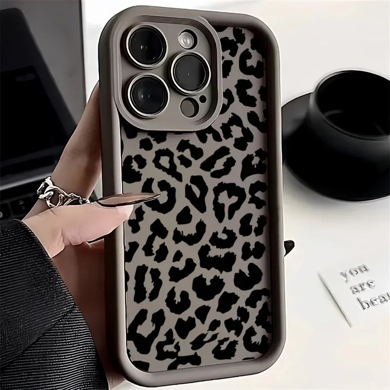 Black Leopard Print Pattern Silicone Phone Case For iPhone 11 12 13 14 15 16 Pro Max X XS XR 7 8 Plus SE 2 Shockproof Soft Cover