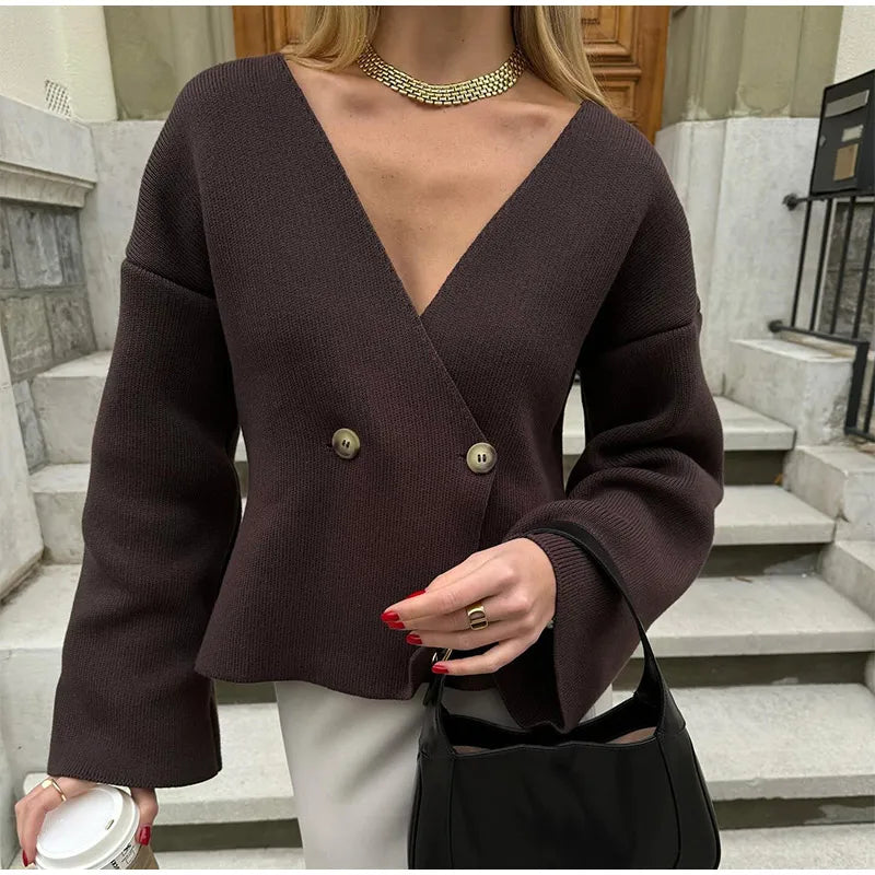 Fashion Solid V Neck Knit Cardigan Women Casual Single Breasted Long Sleeve Slim Short Sweater 2024 Lady New Chic Knitwear Top