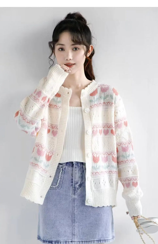 Women Autumn Sweet Kawaii Loose Hollow Out O-neck Long Sleeve Knitting Cardigan Coat Ladies Preppy Style All-match Knitwear