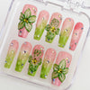 10Pcs Handmade Manicure Long Coffin Fake Nails Unique 3D New Flowers print Press On Nails Design with Adhesive Nail File Set