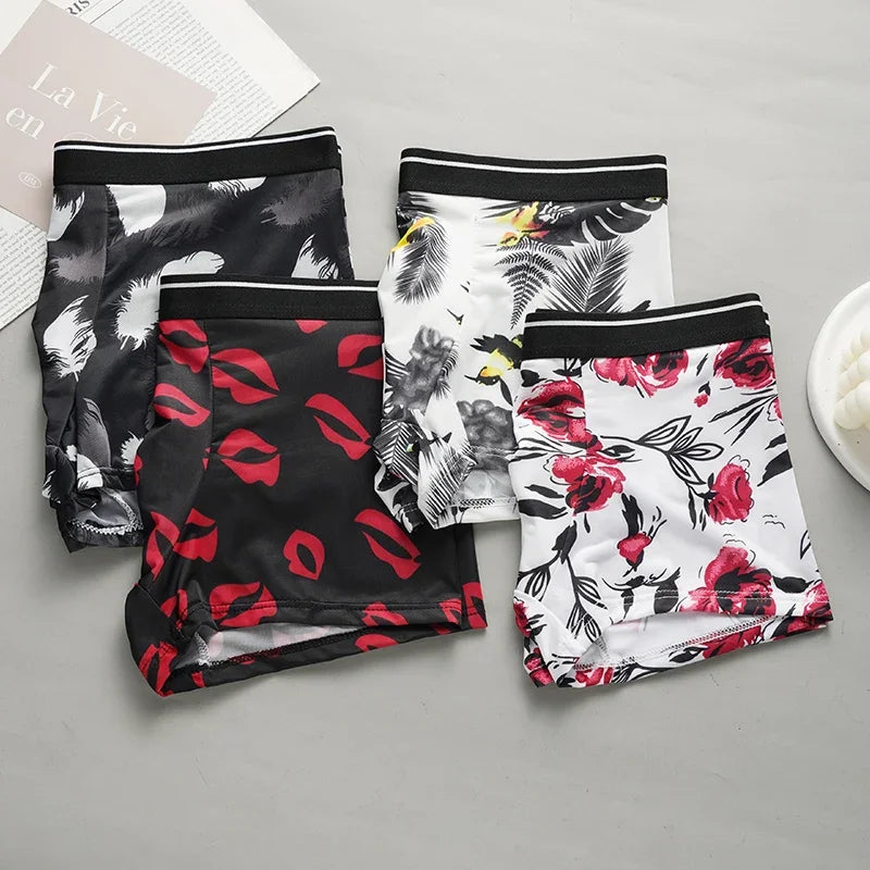 Men's Printed Boxer Briefs Shorts Ice Silk Sexy Seamless Underwear Underpants Ultra-thin Breathable Panties 1PC