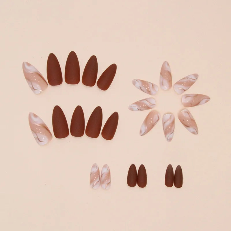 24pcs Fall and Winter Gold Line Almond Frosted False Nails Medium Press on Nails Tips with Tools Decorated Fake Acrylic Nail Art