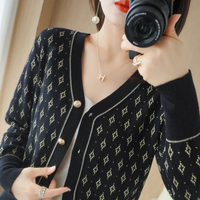 Autumn Winter Women Wool Blend Sweater Slim V-neck Cardigan Female Warm Casual Knitted Printing Bottoming Coat Comfortable Tops