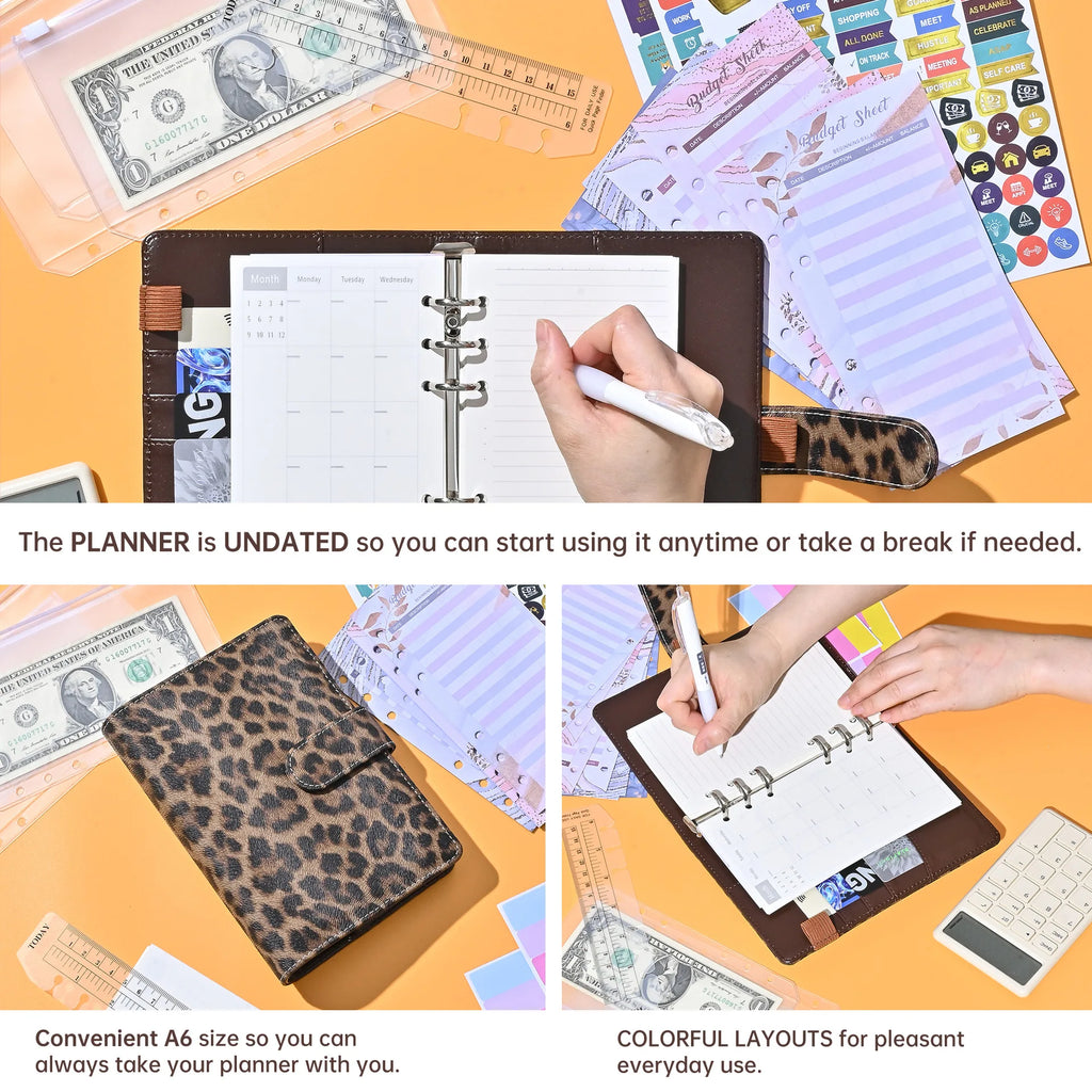 A6 Leopard Print Loose Leaf Cover Plan Book Binder 6 Holes Cash Budget Binder Notebook Office Stationery