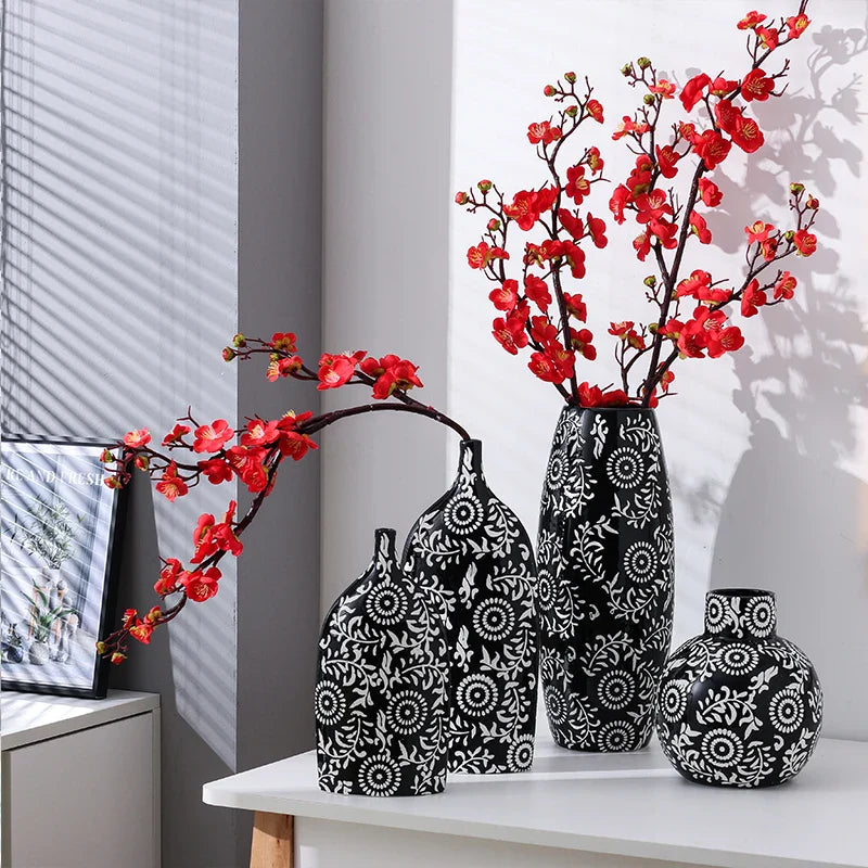 Vintage Printed Ceramic Vase, Plum Blossom, Dried Flower, Water, Decorative, Home Furnishings, Room Decor