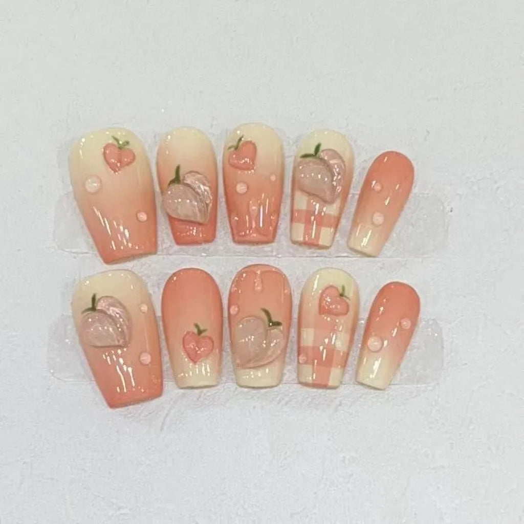 10Pcs Handmade Press on Nails Short Fake Nails with Peach Design Wearable Stick-on Nails False Nail Накладные Ногти Nail Art 네일팁