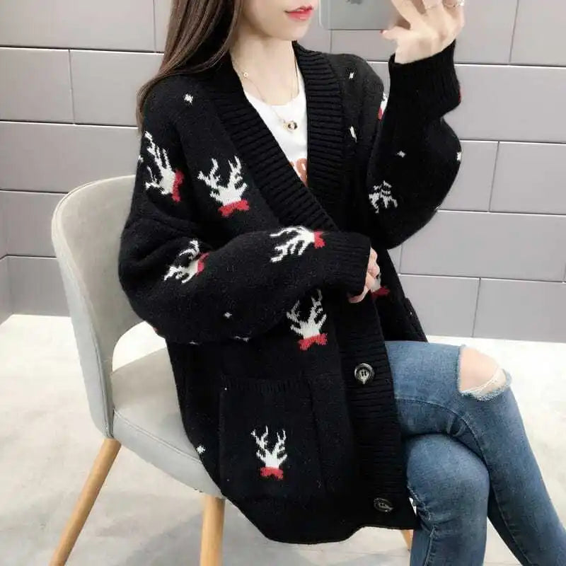 Spring Autumn Winter Oversized Sweater Coat Women Clothes Loose Mid Length Top Printing Knitting Cardigan Warm Top Tee Women's