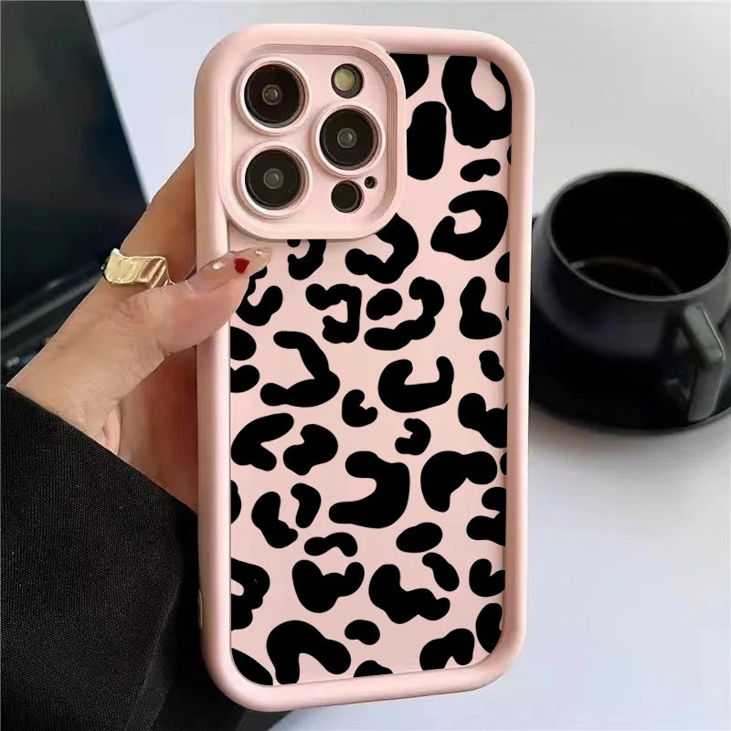 Black Leopard Print Pattern Silicone Phone Case For iPhone 11 12 13 14 15 16 Pro Max X XS XR 7 8 Plus SE 2 Shockproof Soft Cover