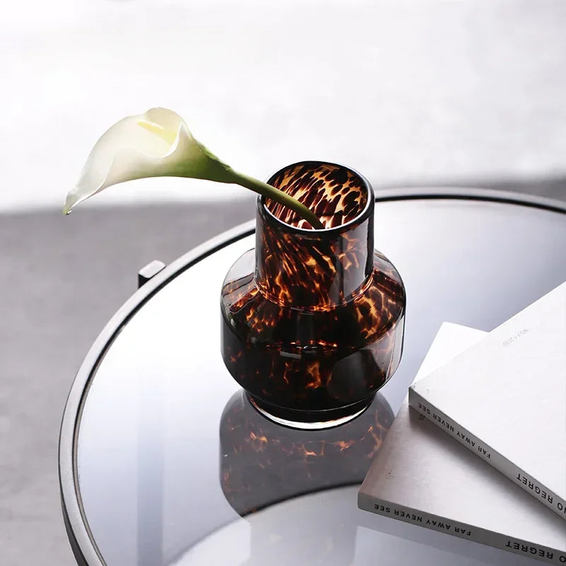 1PCS glass amber leopard print hydroponic vase creative retro apartment desktop decoration ornament living room decoration