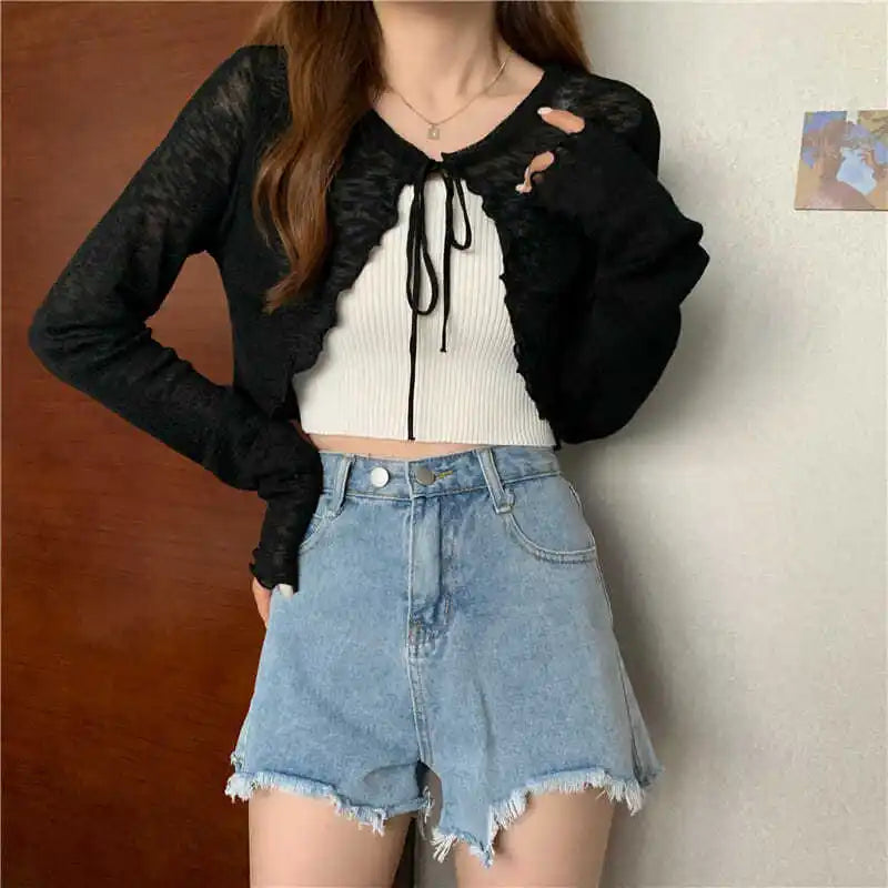 Summer Thin Outerwear Sun Protection Cardigan Ice Silk Knit Women Tops Bow Lace Up Short Suspender Skirt Shawl Airable Shirt