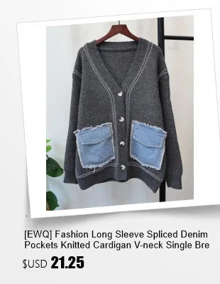 [EWQ] Big Size Fashion Style V-neck Denim Spliced Knitted Sweater Cardigan Loose Women’s Clothing Winter 2024 Autumn New 16O1104