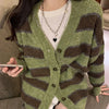 Retro V Neck Green Stripe Cardigans Women Korean Chic Single Breasted Sweater Jackets Woman Streetwear Y2K Long Sleeve Cardigan