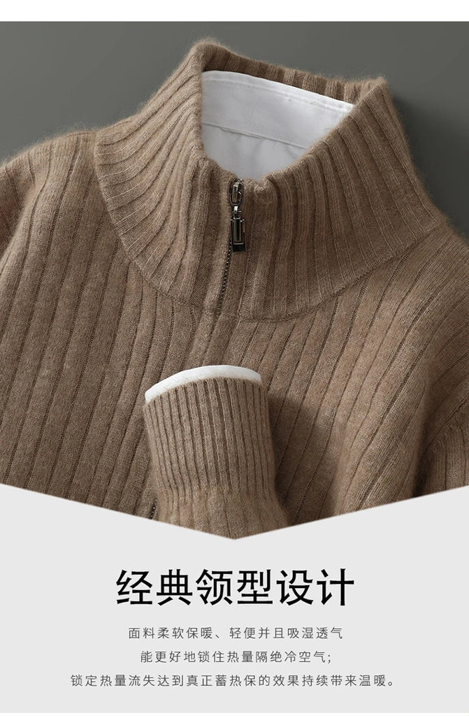 S-XXXL New Men's Knitted Cardigan 100% Mink Cashmere Sweater Business Long Sleeve Men's Half High Collar Sweater Regular style