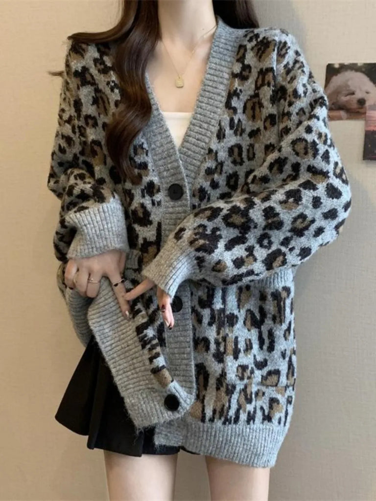 Neploe Loose Korea Leopard Commuter Lazy Jumper Single Breasted V Neck Knit Simple Cardigan Mid-length Harajuku Vintage Mujer