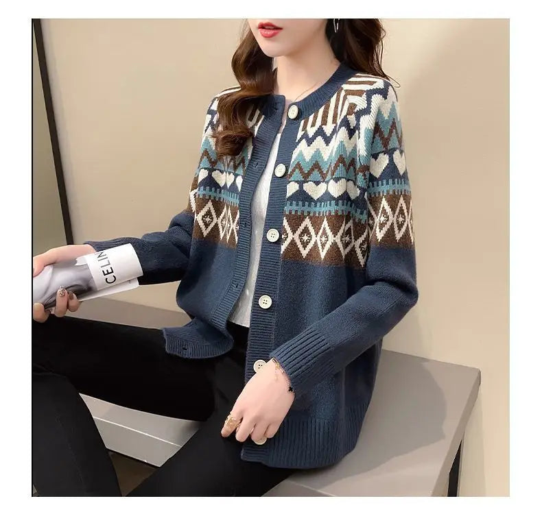 Love Jacquard Long Sleeve Knitting Cardigan Coat Women Autumn Loose O-neck Sweater Office Lady All-match Fashion Knitting Tops