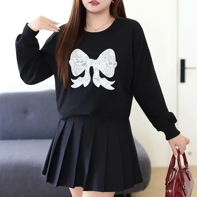 Loose Casual Round Neck Hoodie Women XL Autumn 2024 Good Quality Bow Lace Embroidered Long Sleeve Sweatshirt