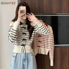 Sweet Cardigan Women Striped Bow Turn-down Collar Knitting Sweater Autumn Preppy Style Fashion Design Girls Outwear Casual Tops