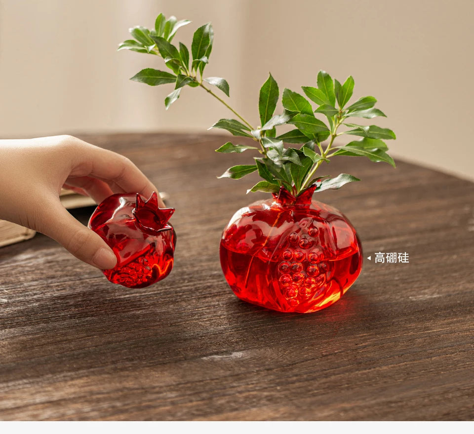 Pomegranate Glass Vase For Hydroponic Flower Arrangement Home Decoration Table Decor Small Red Vase Hydroponic System Plant Pot